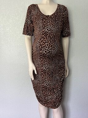 Leopard Print Motherhood Maternity Ruched Brown T-Shirt Midi Dress Size Large